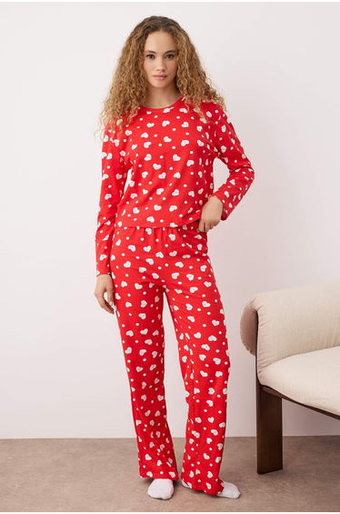 Red 100% Cotton Heart Tshirt-Pants Knitted Pajama Set