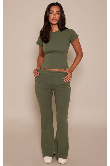 Petite Sea Green Rib Foldover Waist Leggings