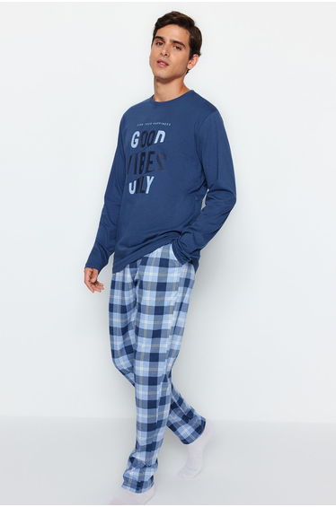 Men's Blue Regular Fit Plaid Knitted Pajamas Set
