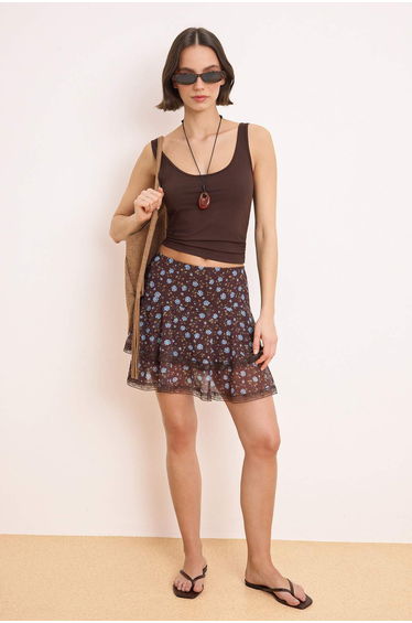 Multi-Colored Floral Skater Lace Detailed Regular Waist Mini Tulle Knitted Skirt