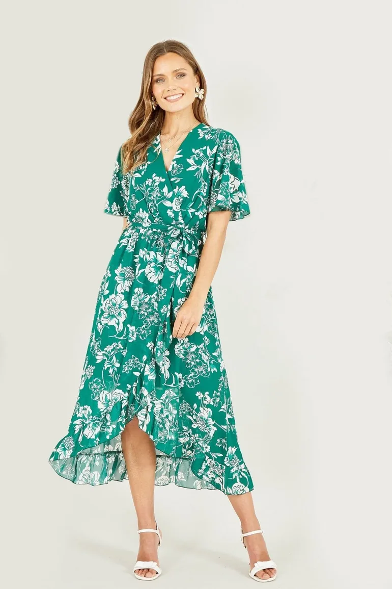 Mela Green Floral Wrap Midi Dress With Frill Detail Yumi : Day Dresses :  VogaCloset Qatar