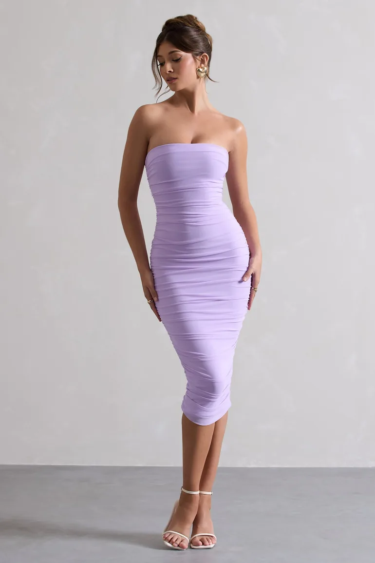lilac mesh ruched bodycon dress Zip Back Ruched Mesh Cami Bodycon Dress, Lavender / XS