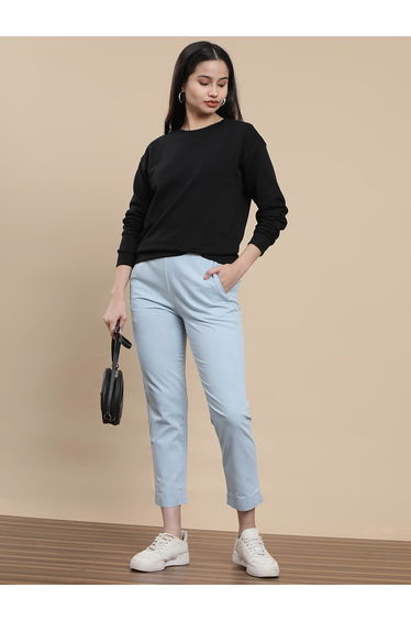 Light Blue Woven Cotton Solid Pants
