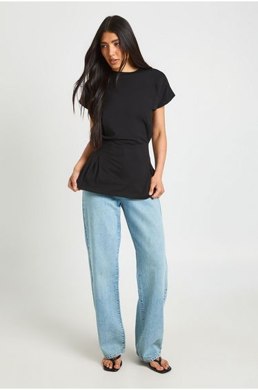 Tall Pleat Waist Peplum T-Shirt - black