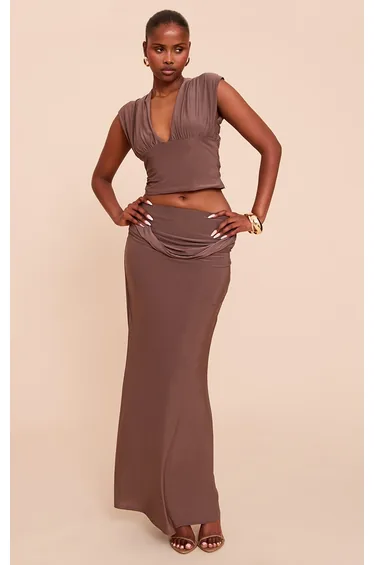 Mushroom Double Layer Slinky Drape Waist Maxi Skirt