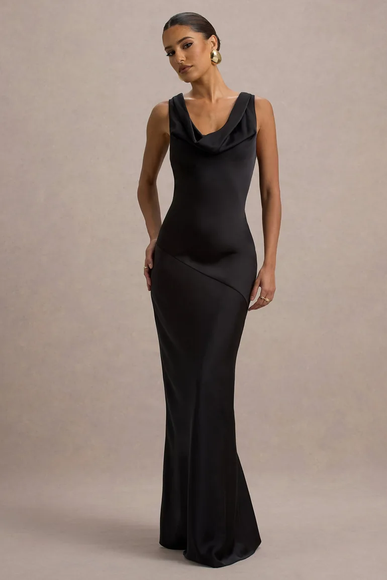 cowl neck maxi dress black Mademoiselle | Black Cowl-Neck Maxi Dress With Draped Detailing