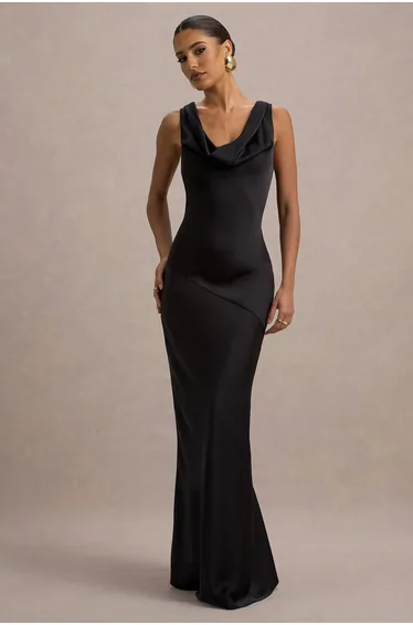 Alesso | Black Satin Cowl-Neck Maxi Dress