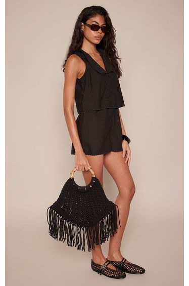 Black Linen Look Collar Detail Playsuit