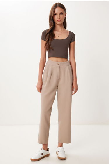 Women's Beige Pocketed Linen Shalwar Trousers