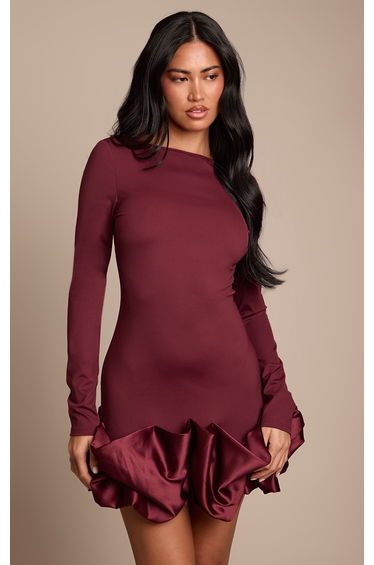Plum Satin Puffball Bodycon Dress