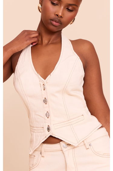 Ecru Halterneck Denim Waistcoat