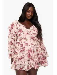 PLUS FLORAL CHIFFON RUFFLE MINI DRESS