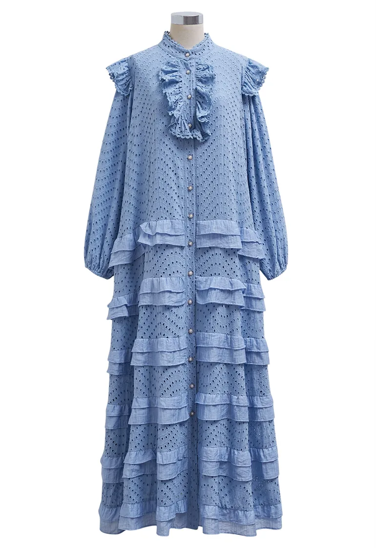 blue eyelet maxi dress Navy Eyelet Cotton Maxi Dress for Women