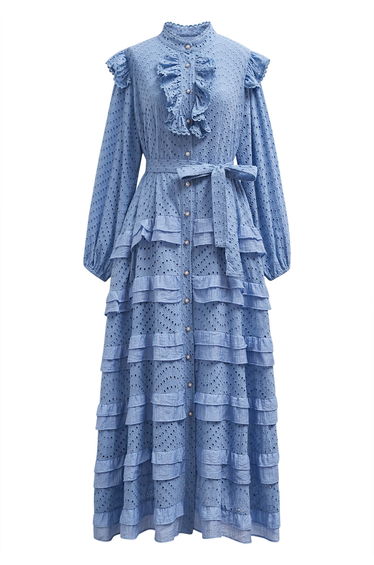 Embroidered Eyelet Tiered Ruffle Button Maxi Dress in Blue