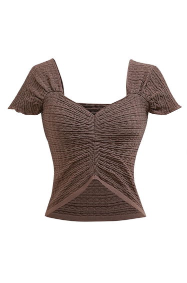 Sweetheart Neckline Shirred Crop Knit Top in Brown
