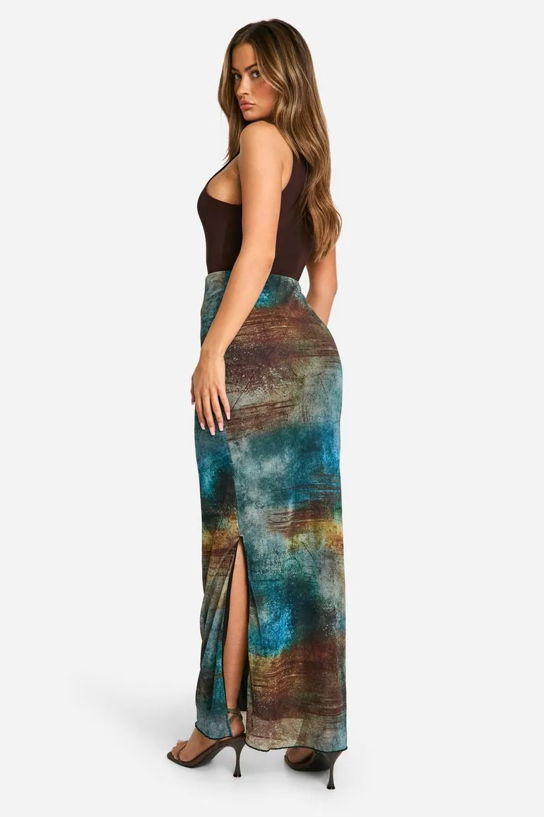 Smudge Print Mesh Floor Length Skirt - multi - 1