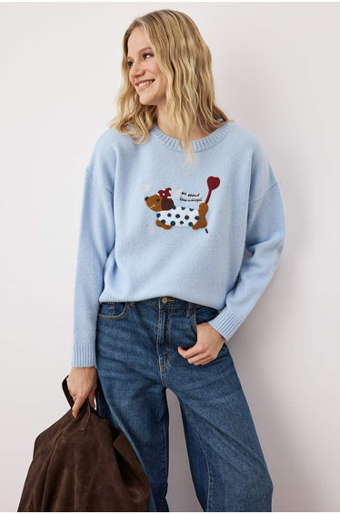 Blue Teen Soft Textured Dog Embroidered Crew Neck Knitwear Sweater