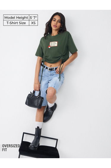 Olive Ruched Detail Cotton Crop T-Shirt