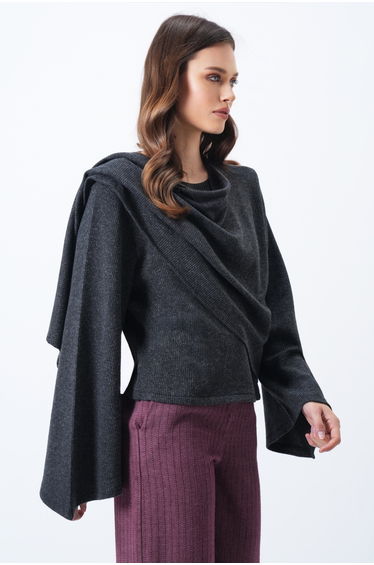 Women's Anthracite Crew Neck Self Wrap Detail Wide Cut Design Blouse