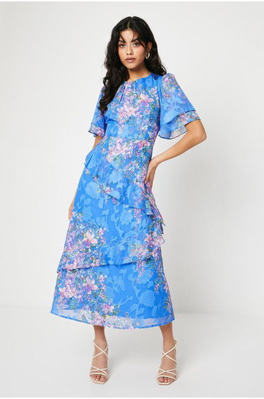 Petite Double Frill Satin Burnout Midi Dress