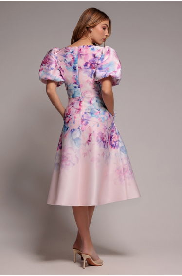 Goddiva Printed Scuba Square Neck Puff Sleeve Midi Dress - Blush Pink