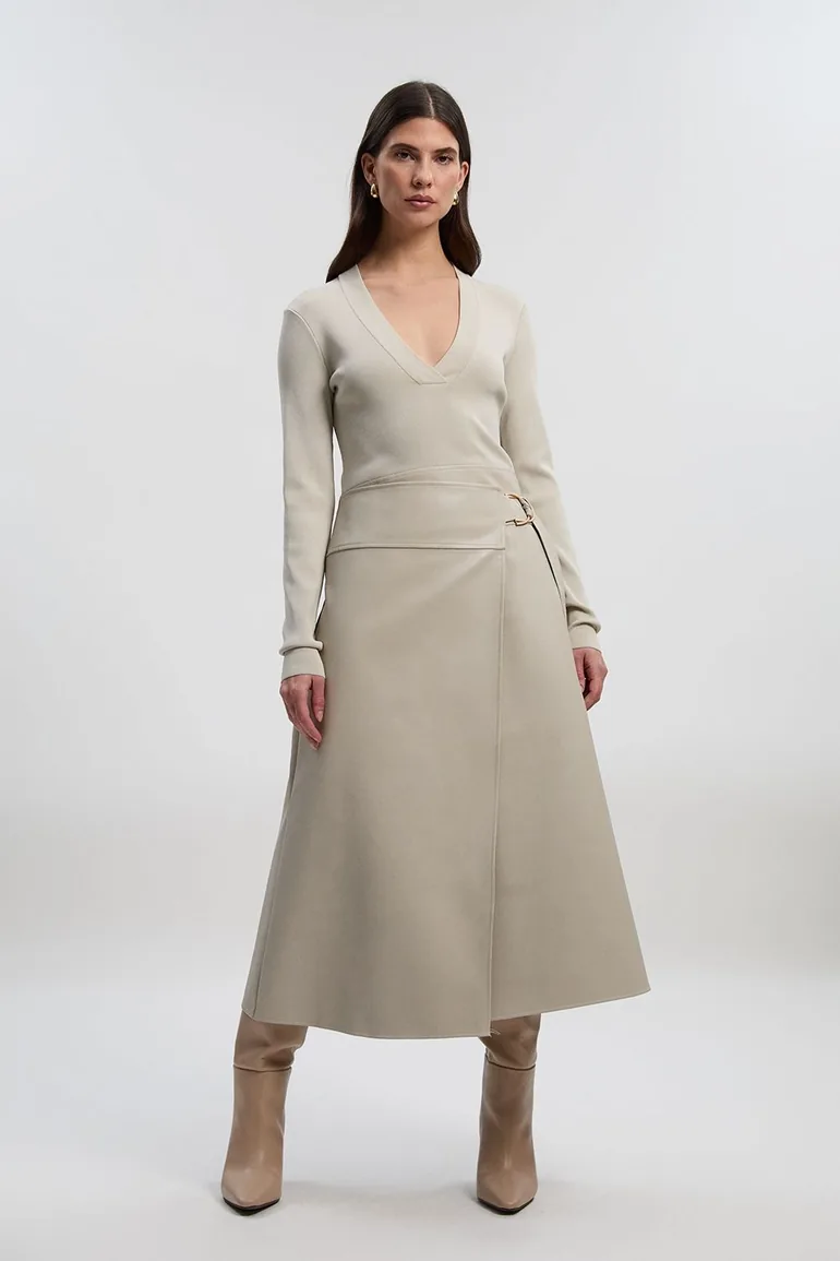 Figure Form Pu Mix Tab Detail Pleated Knit Midi Dress