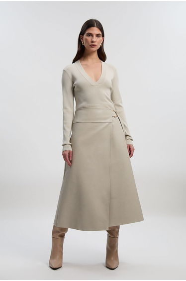 Figure Form Pu Mix Tab Detail Pleated Knit Midi Dress