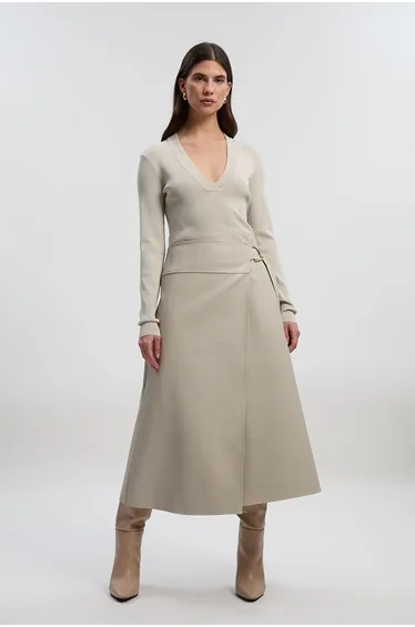 Figure Form Pu Mix Tab Detail Pleated Knit Midi Dress