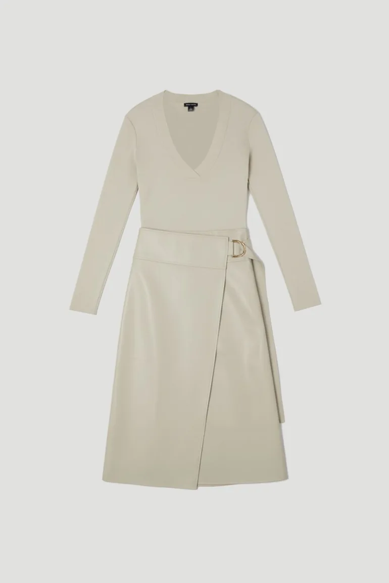 Figure Form Pu Mix Tab Detail Pleated Knit Midi Dress - 3