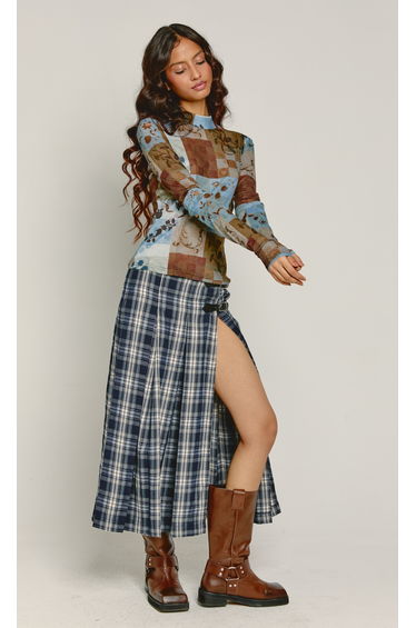 Blue & Brown Patchwork Mesh High Neck Top