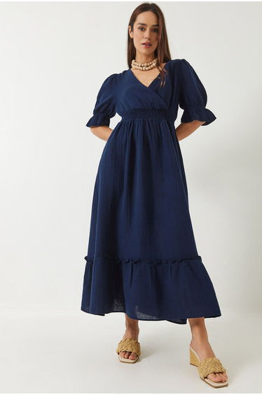 LUCCI V-Neck Textured Midi Dress with Elastic Detail