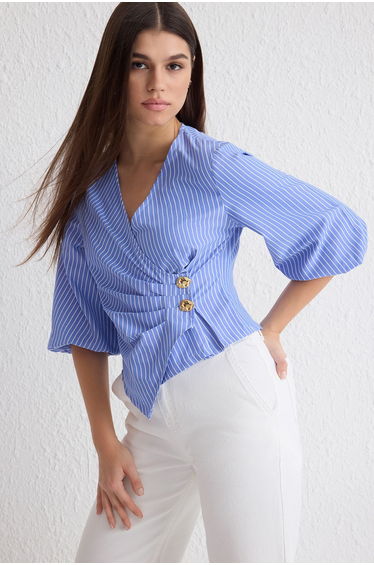 Blue Double Breasted Striped Woven Woven Blouse