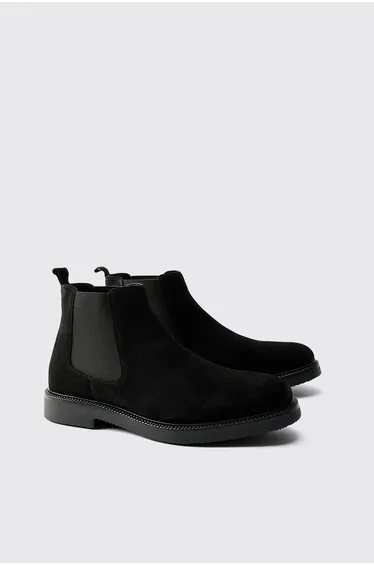 Real Suede Leather Chelsea Boot - black