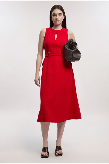 Petite Compact Stretch Belted Seamed Full Skirted Midi Dress