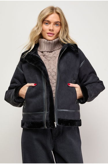 Zip Through Faux Leather Short Aviator Jacket