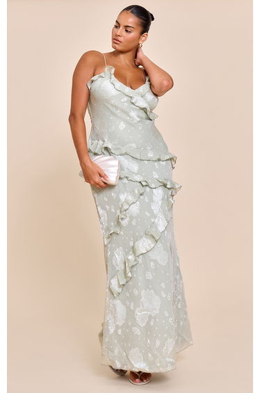 Plus Sage Green Embroidered Frill Maxi Dress