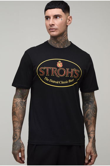 Tall Regular Stroh's Beer License Print T-shirt - black