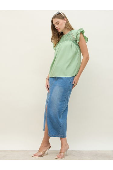 Women Green Embroidered Ruffled Sleeve Top