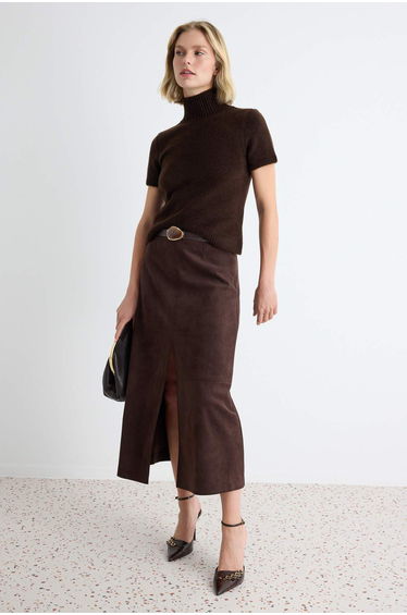 Brown High Neck Short Sleeve Knitwear Blouse