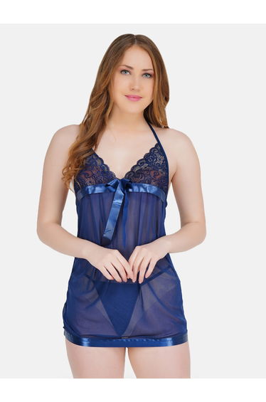 Navy Blue Lace Insert Tie-Up Babydoll with Brief