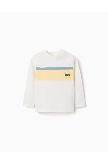 Long sleeve cotton T-shirt with print for baby boys, white/yellow/green