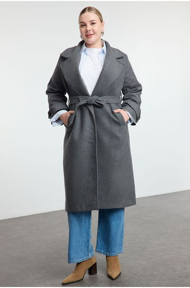 Wide Collar Grey Long Stamp Coat - Wool Blend, Regular Fit