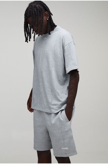 Man Sport Seam Detail Oversized T-Shirt & Baggy Short Set - grey marl