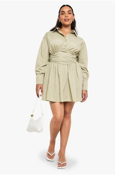 Plus gathered waist detail skater shirt dress - light khaki