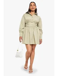 Plus gathered waist detail skater shirt dress - light khaki