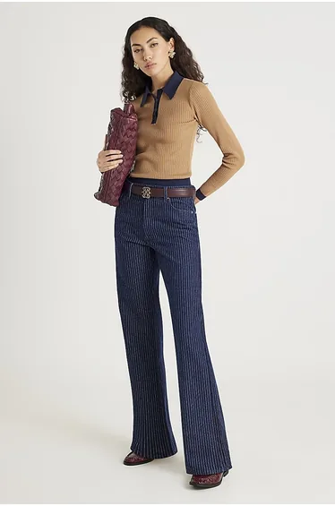 Brown Knit Long Sleeve Ribbed Polo Top