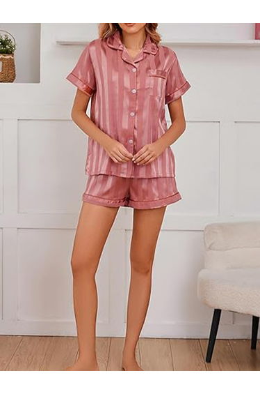 Pink Striped Pattern Piping Shirt and Shorts Set
