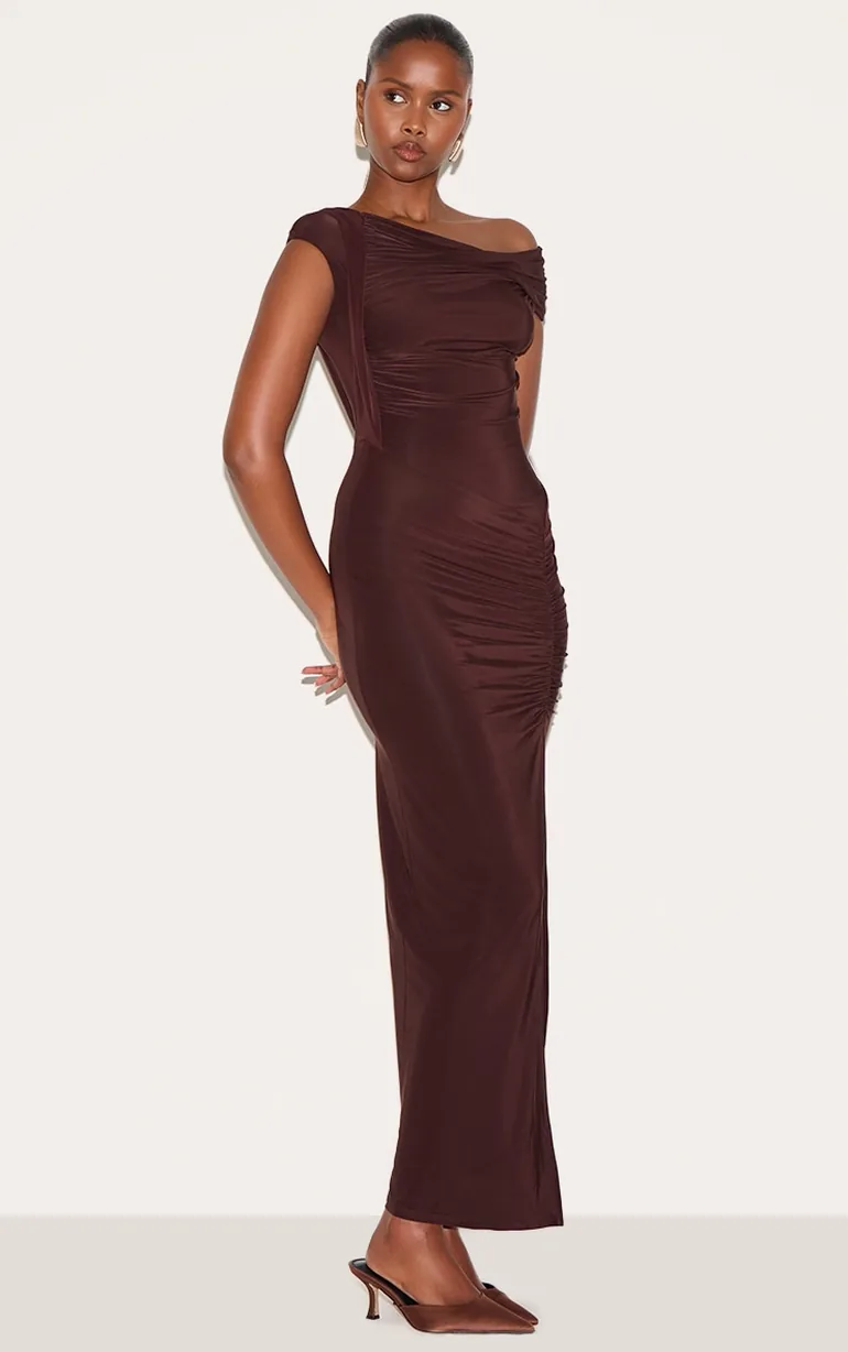 Chocolate Slinky Twist Detail Maxi Dress - 2