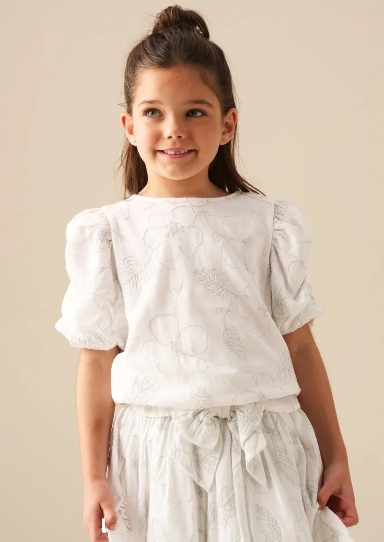 Dalhia Floral Embroidered Tie Waist Puff Sleeve Top - White - 6