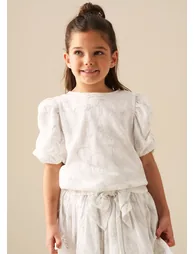 Dalhia Floral Embroidered Tie Waist Puff Sleeve Top - White - 6